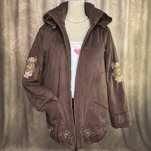 Vintage Y2K Floral Heart Embroidered Puffy Jacket Coat Brown Hooded Indie Sleaze